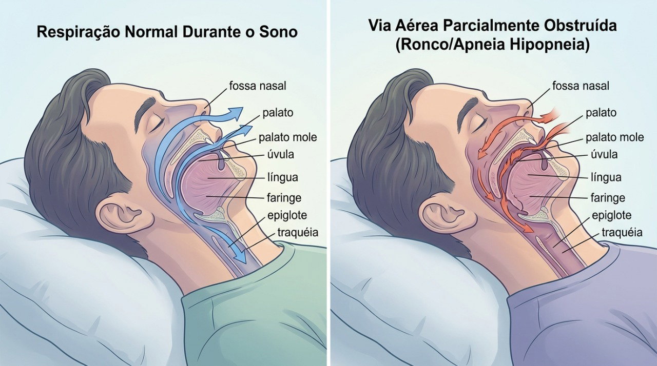 Na apneia obstrutiva do sono, o relaxamento da garganta pode reduzir ou interromper a passagem de ar.
