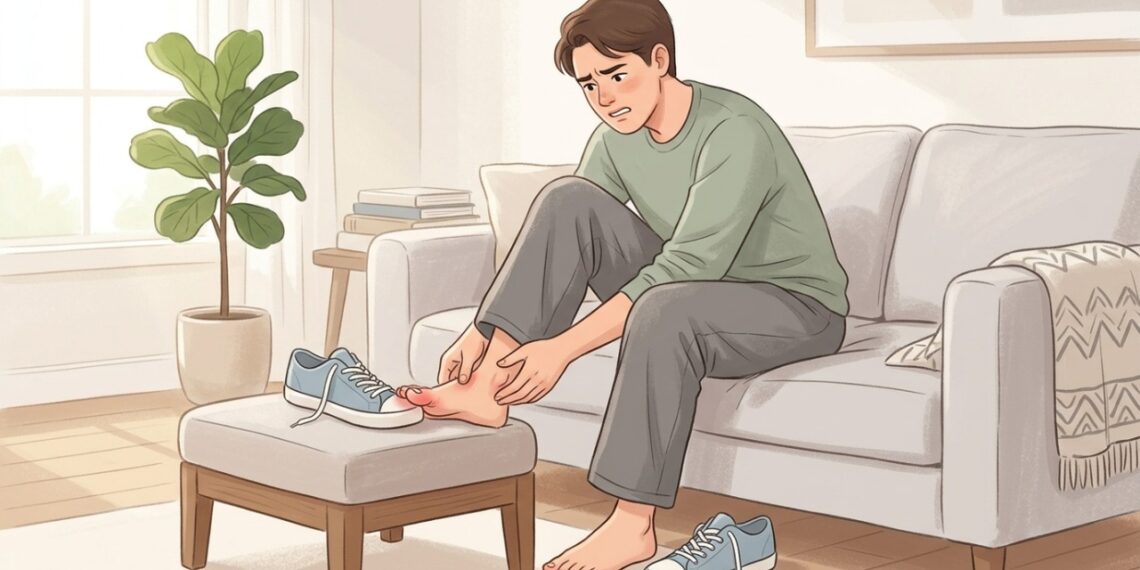 A unha encravada pode causar dor no dedão e piorar com a pressão de sapatos fechados.