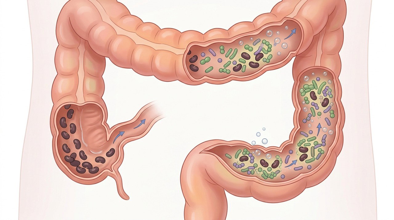 A fermentação de carboidratos pelas bactérias do intestino grosso pode produzir gases.