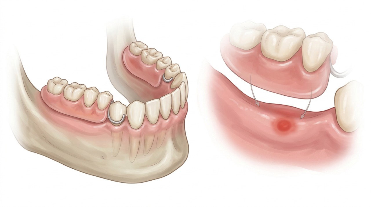 Pontos de pressão da prótese podem irritar a gengiva e exigir ajuste pelo dentista.