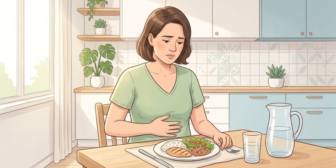 Sentir o estômago cheio após comer pouco pode caracterizar saciedade precoce.