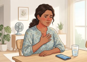 Ondas de calor na menopausa podem vir acompanhadas de suor e palpitações.