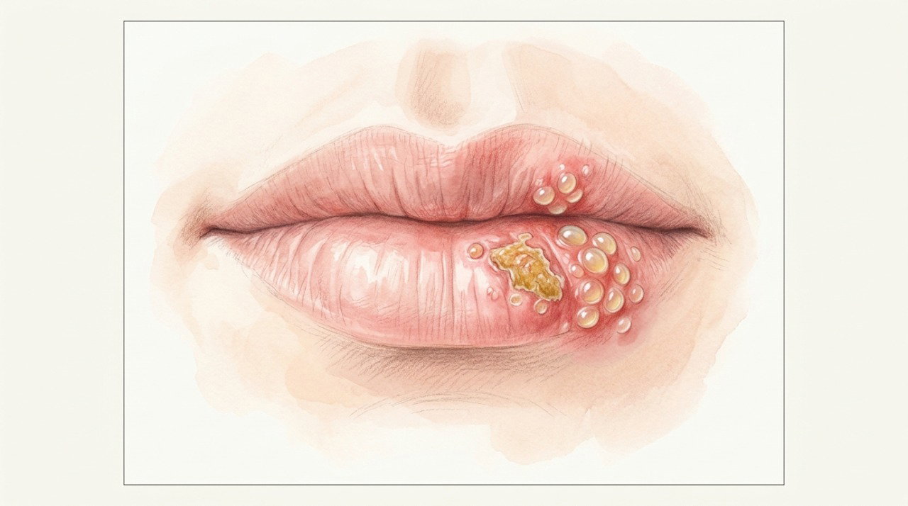 O herpes labial pode evoluir de pequenas bolhas com líquido para ferida e crosta.