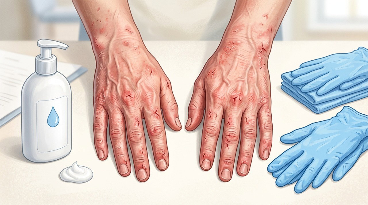 Luvas e hidratação ajudam a proteger mãos sensibilizadas pelo contato repetido com detergentes.