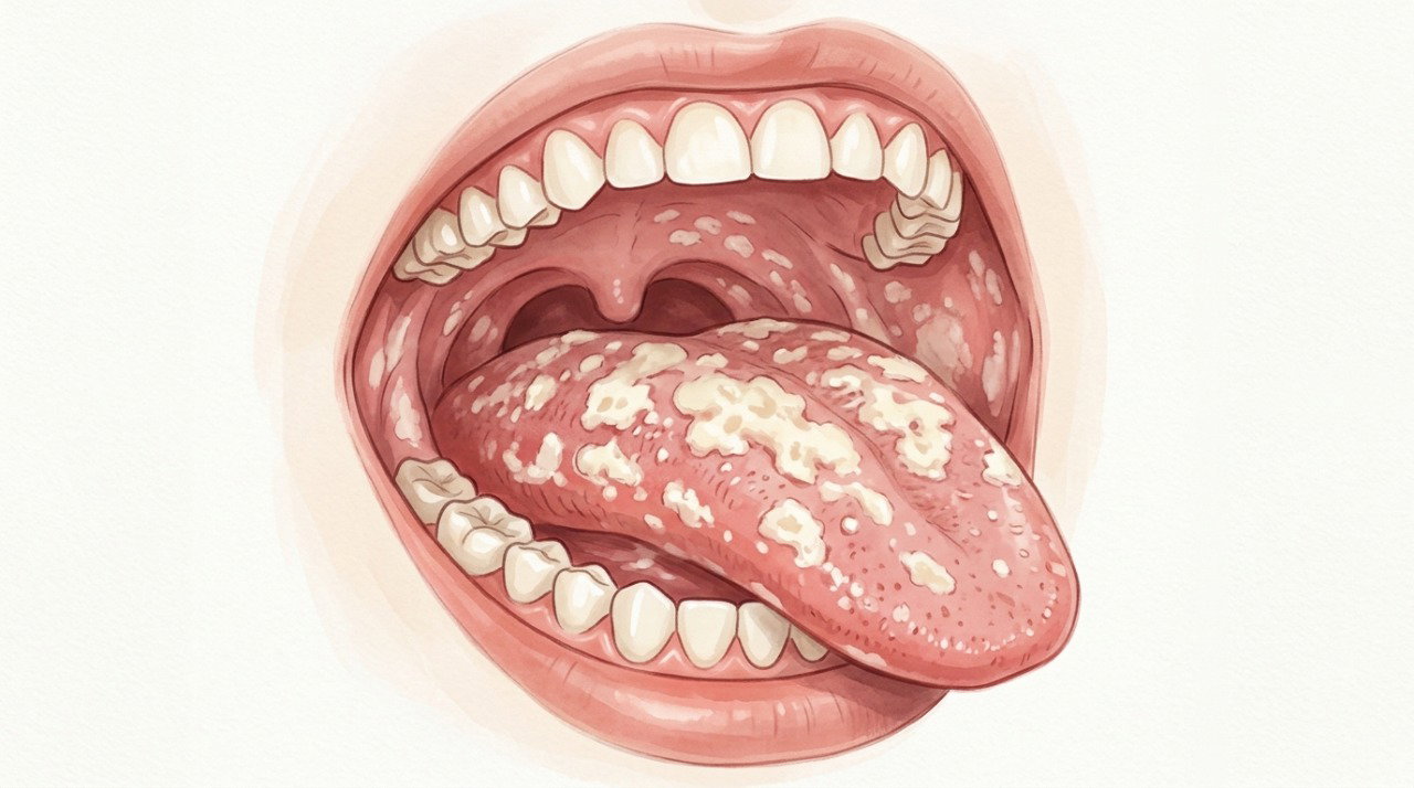Placas brancas na língua e na mucosa estão entre os sinais possíveis de candidíase oral.