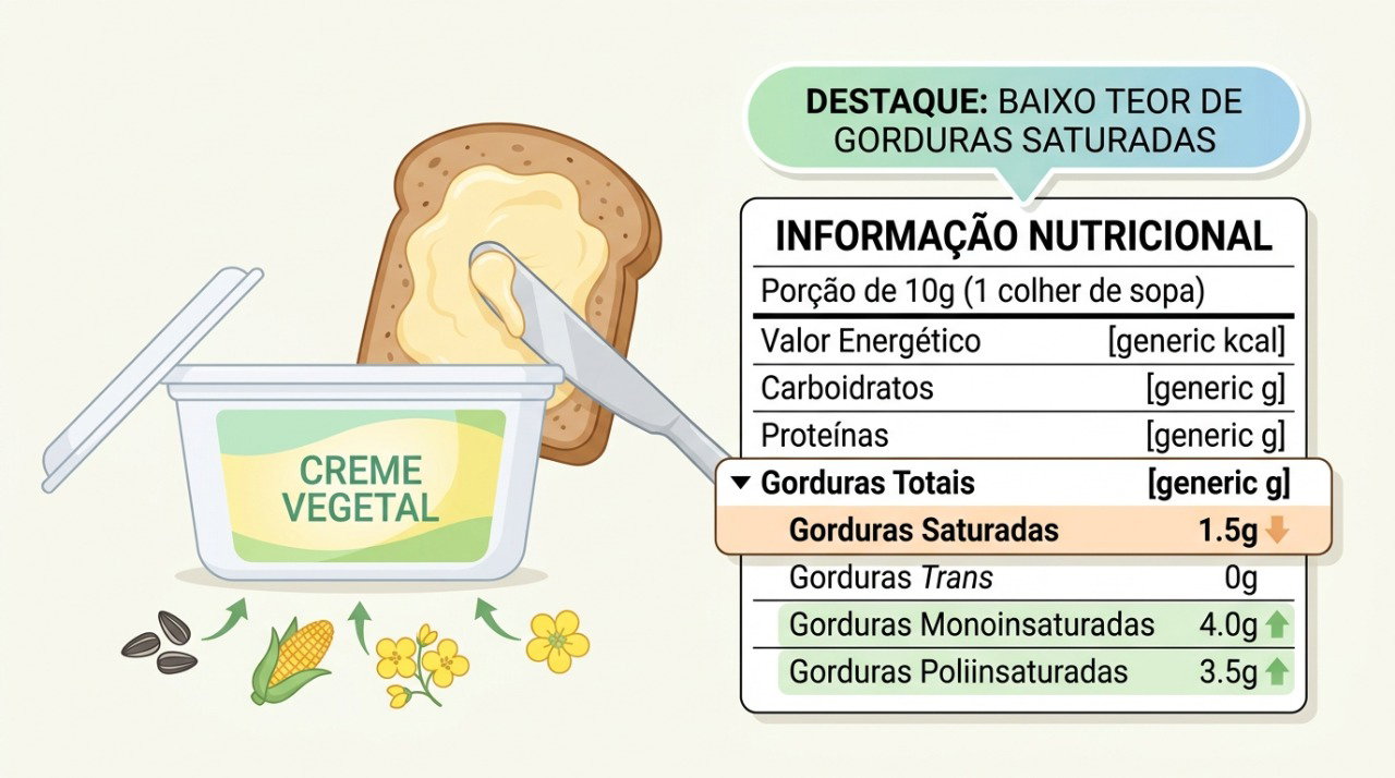Margarinas macias à base de óleos vegetais e com pouca gordura saturada costumam ser opções mais favoráveis ao colesterol.