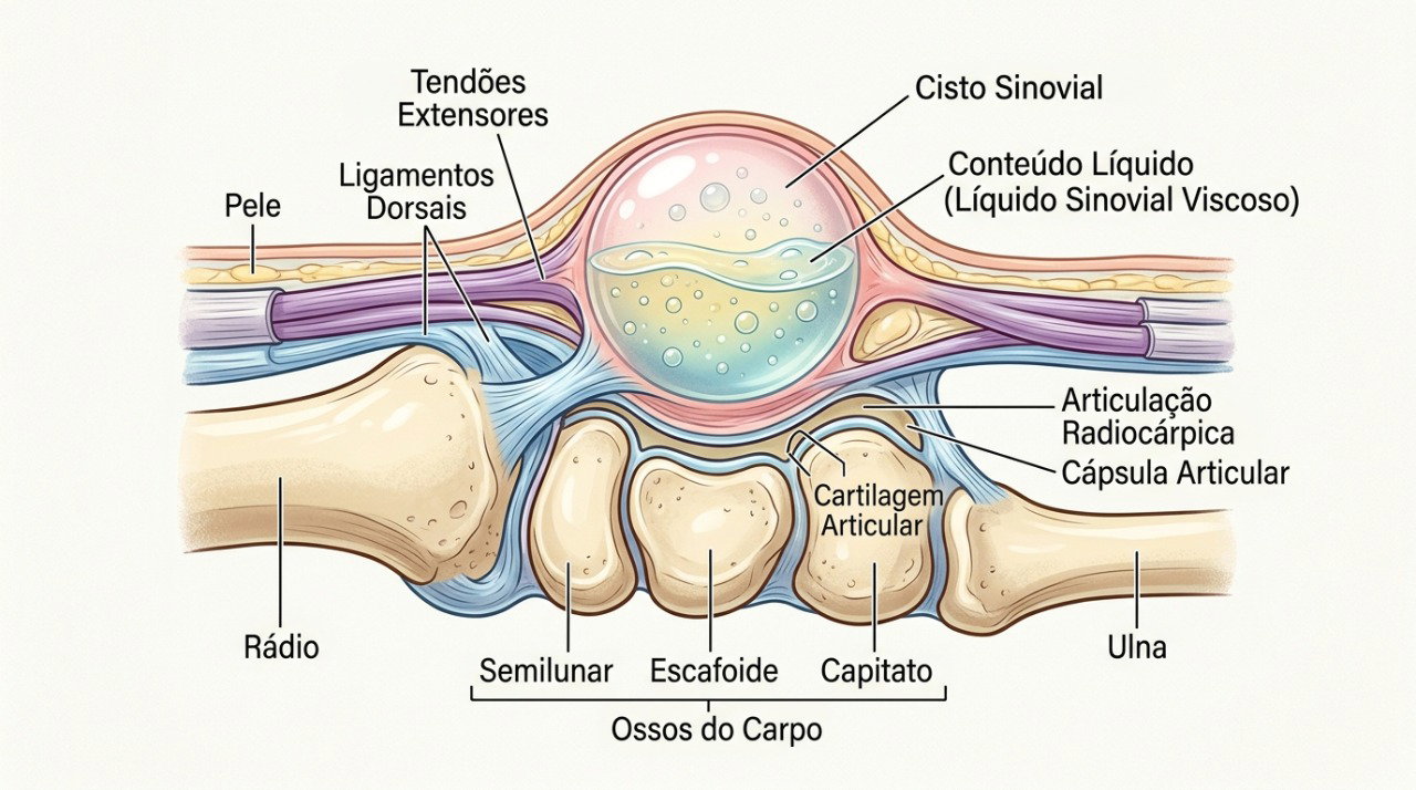 O cisto sinovial é uma formação cheia de líquido que costuma surgir próxima às articulações ou tendões.