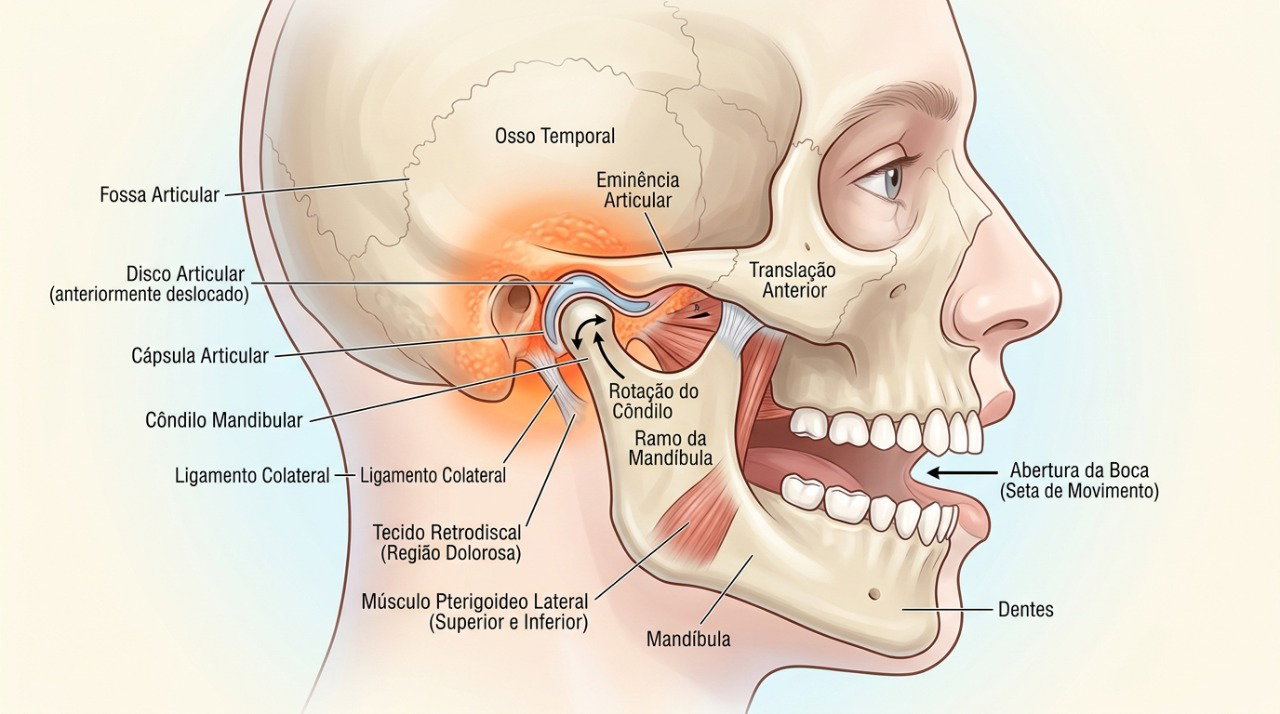 Dor e estalos na articulação temporomandibular podem ocorrer durante movimentos de abertura e mastigação.