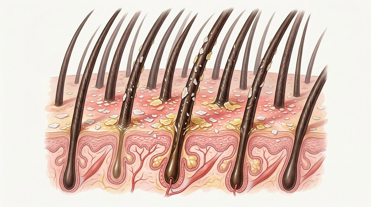 Descamação, oleosidade e irritação podem acompanhar a caspa e a dermatite seborreica.