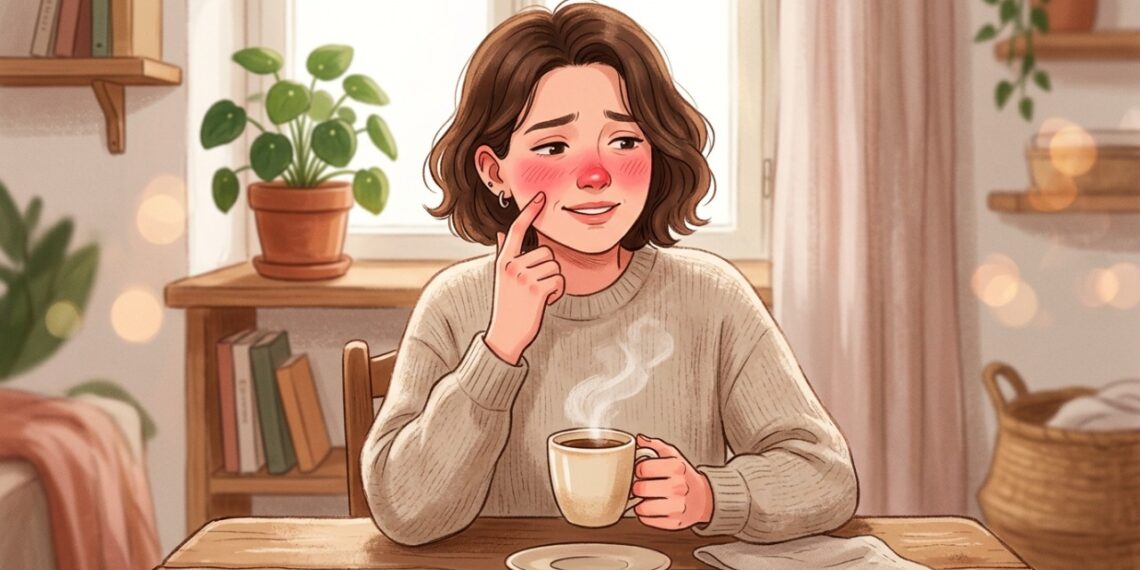 Rosto vermelho e quente após café ou comida apimentada pode estar relacionado à rosácea.