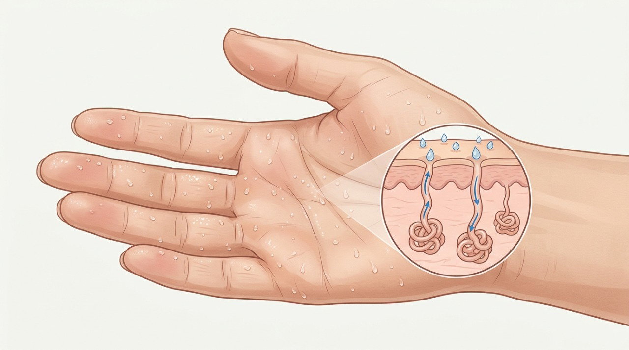 Na hiperidrose palmar, a produção excessiva de suor pode manter as mãos constantemente úmidas.
