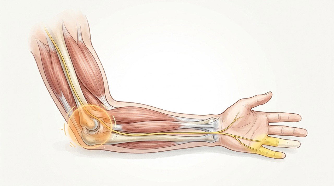 A compressão do nervo ulnar no cotovelo pode causar formigamento no mindinho e no anelar.