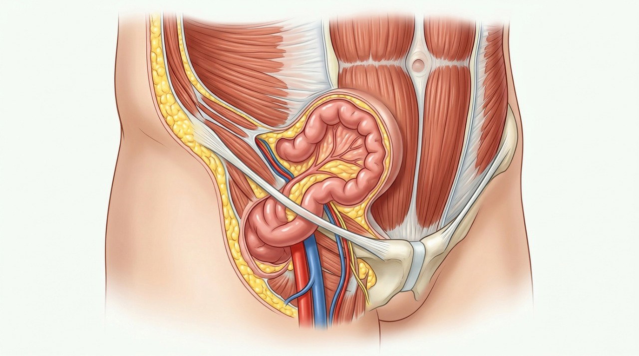 A hérnia inguinal ocorre quando tecido abdominal atravessa uma área enfraquecida da parede abdominal.