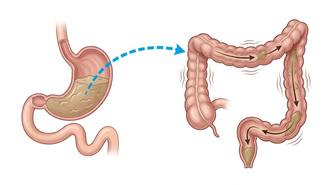 O reflexo gastrocólico estimula movimentos do intestino grosso quando o alimento chega ao estômago.