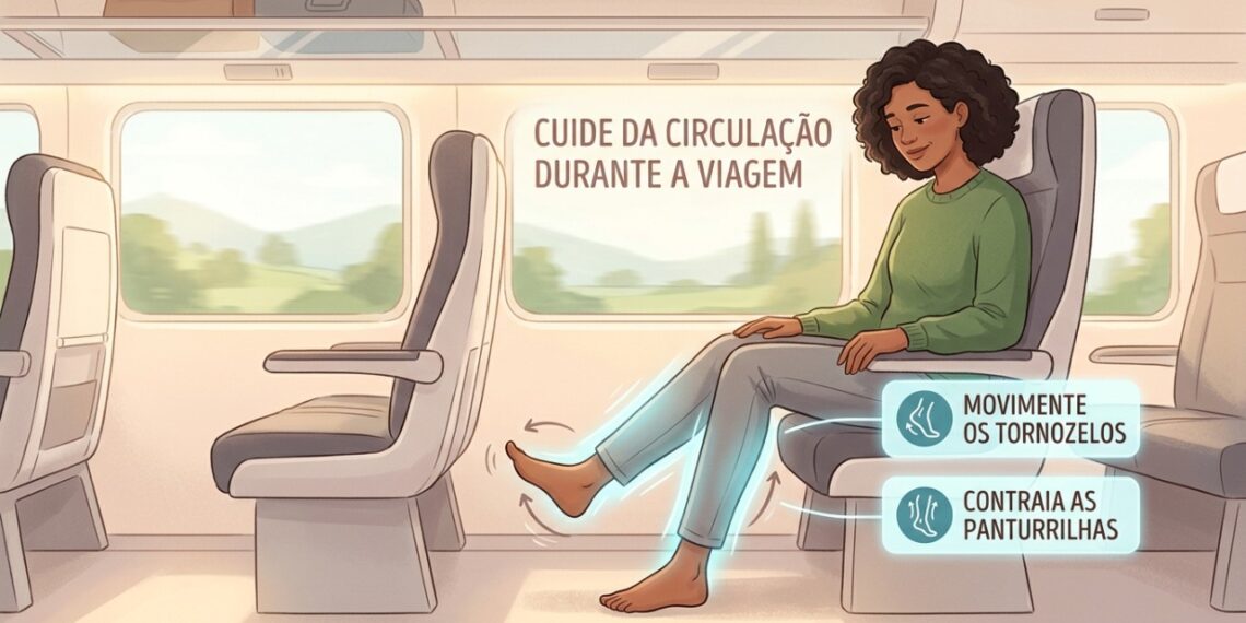 Movimentar tornozelos e panturrilhas durante viagens longas ajuda a estimular a circulação nas pernas. CDC