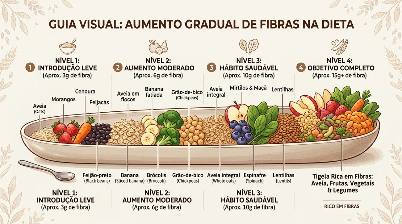 Aumentar as fibras aos poucos pode ajudar a reduzir o desconforto durante a adaptação intestinal.