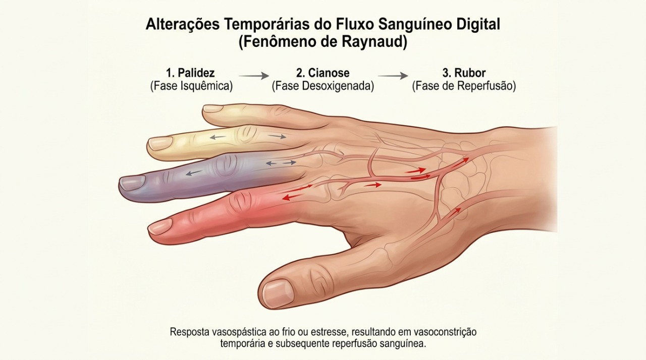No fenômeno de Raynaud, os dedos podem mudar de cor conforme o fluxo sanguíneo diminui e retorna.