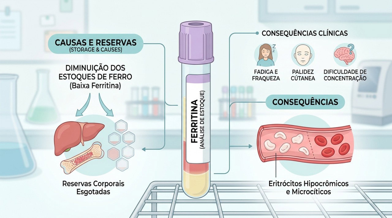 Tubo de sangue ilustrado para representar a avaliação dos estoques de ferro.