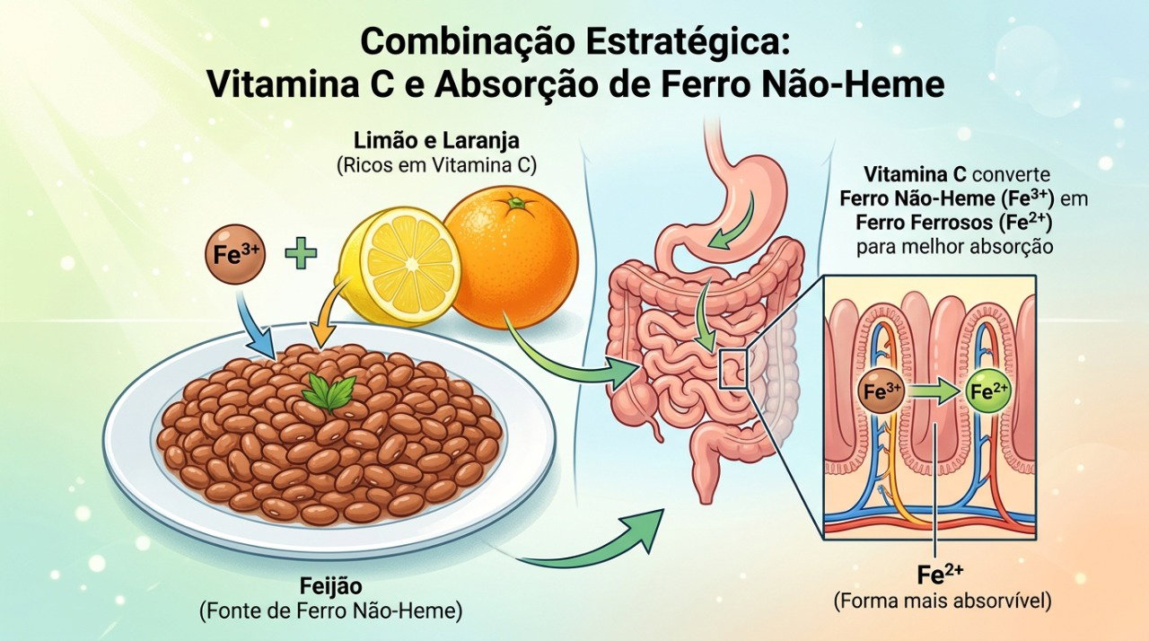 Feijão combinado com fontes de vitamina C pode favorecer o aproveitamento do ferro da refeição.