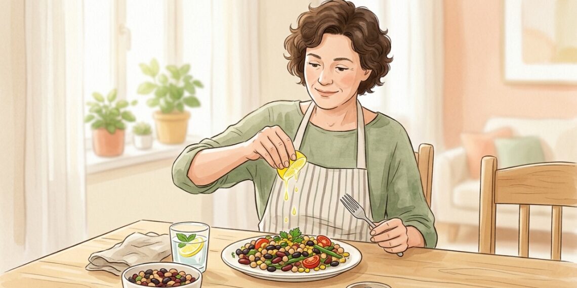 Pessoa adicionando limão ao feijão para combinar ferro vegetal com vitamina C.