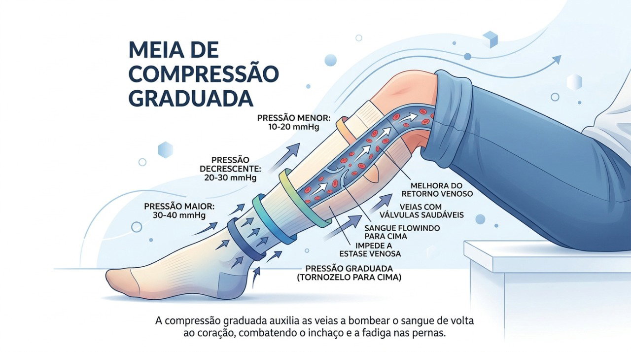 A meia de compressão exerce pressão graduada e pode favorecer o retorno venoso nas pernas.