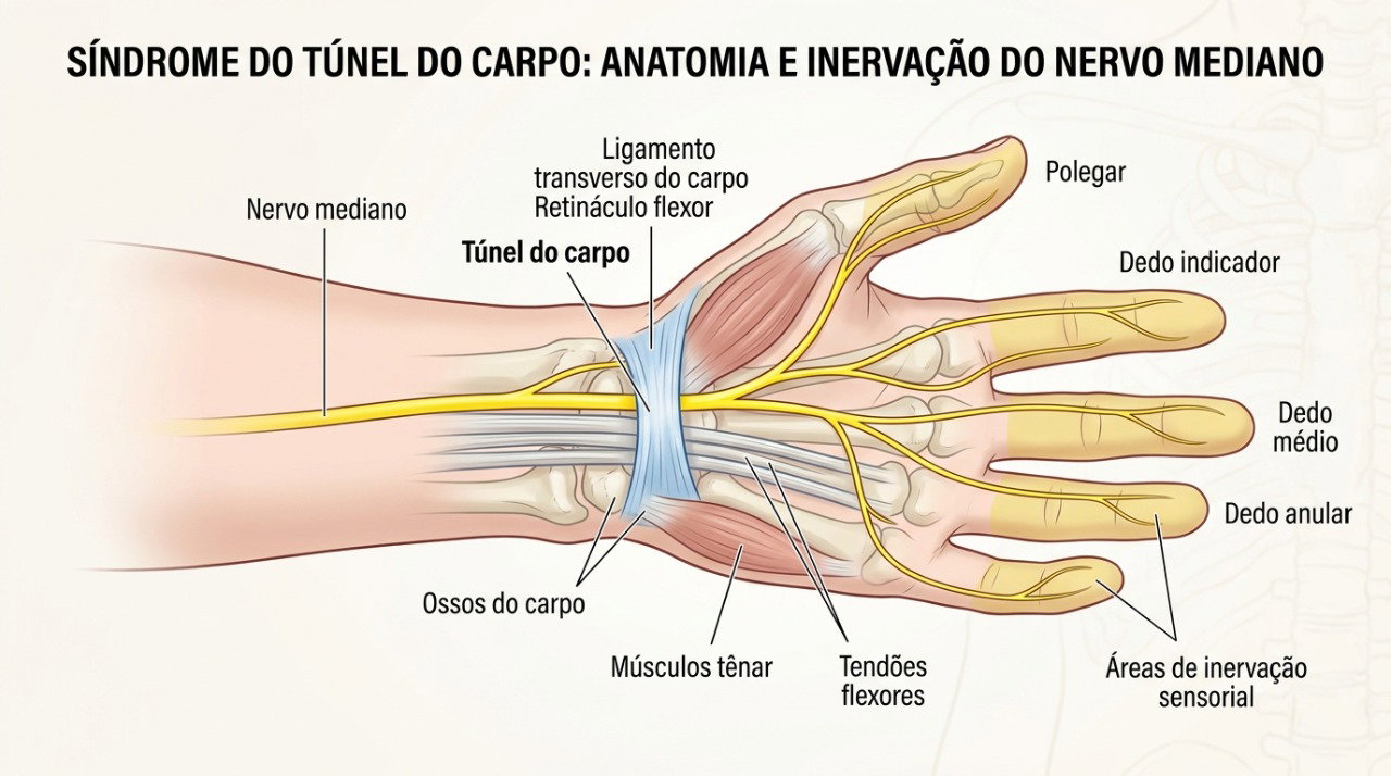 O nervo mediano leva sensibilidade ao polegar, indicador, dedo médio e parte do anelar.