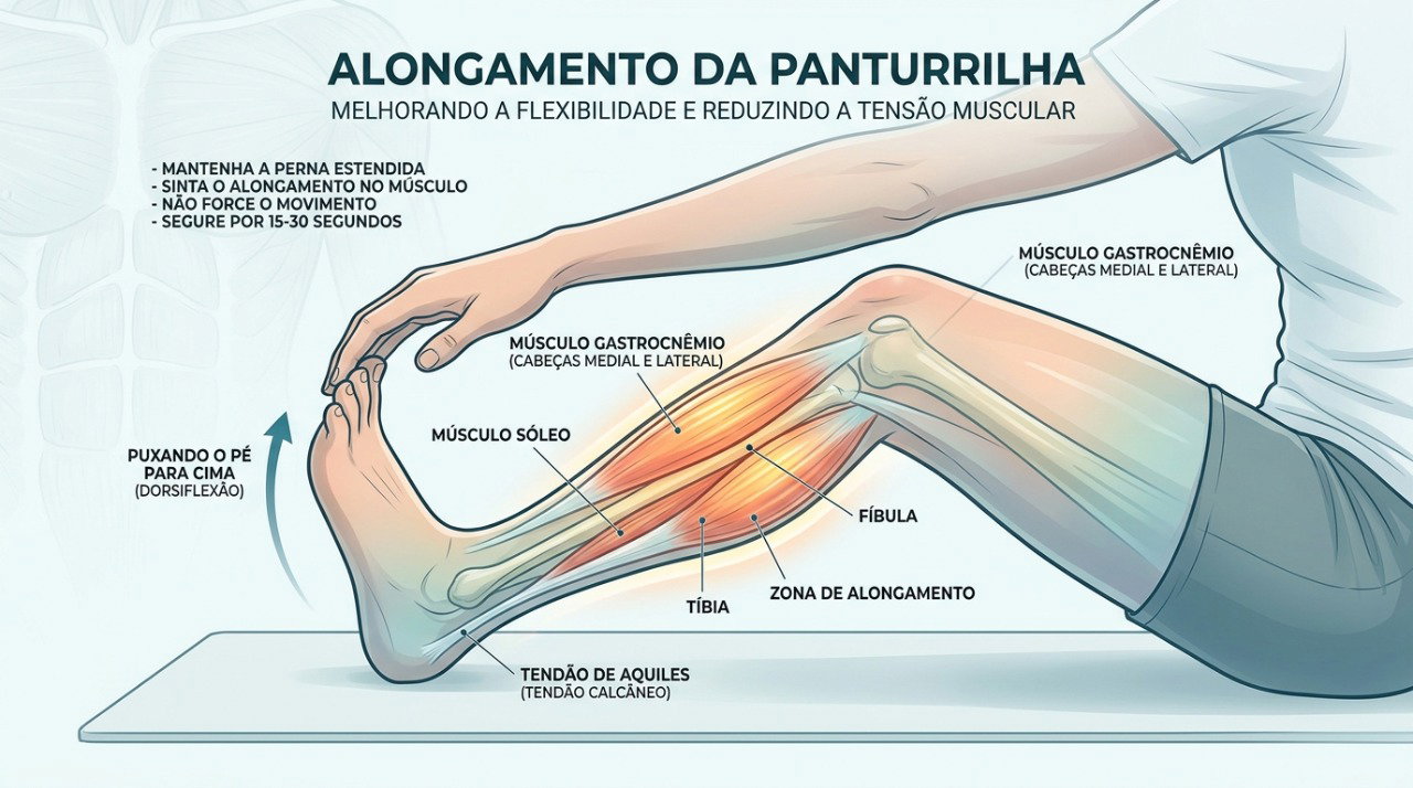 O alongamento da panturrilha pode ajudar a relaxar o músculo e reduzir a frequência das cãibras noturnas.