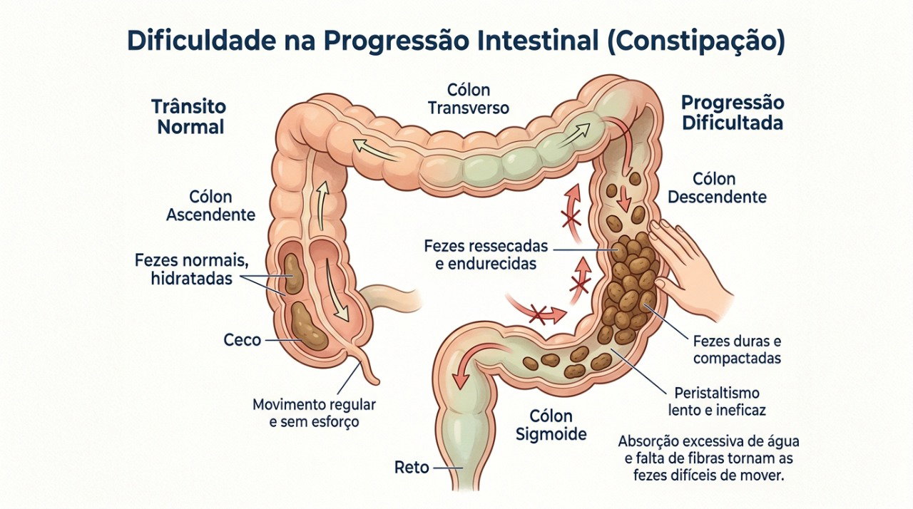 Fezes ressecadas podem dificultar a evacuação e causar sensação de esvaziamento incompleto.