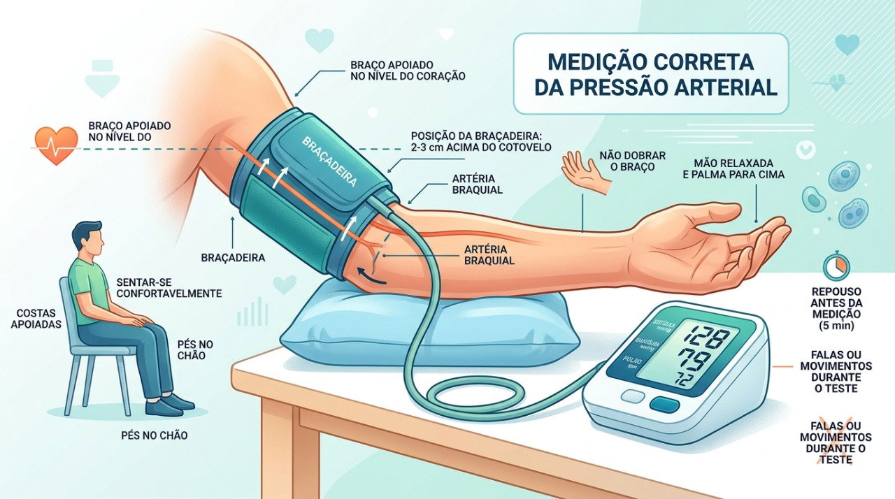 Braço apoiado e silêncio durante a aferição ajudam a reduzir erros na medida da pressão.