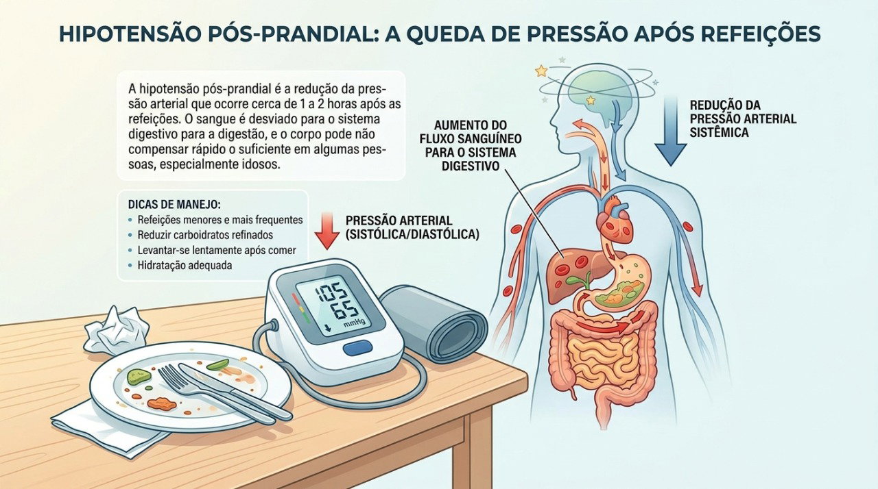 A pressão arterial pode cair após a refeição em pessoas suscetíveis.