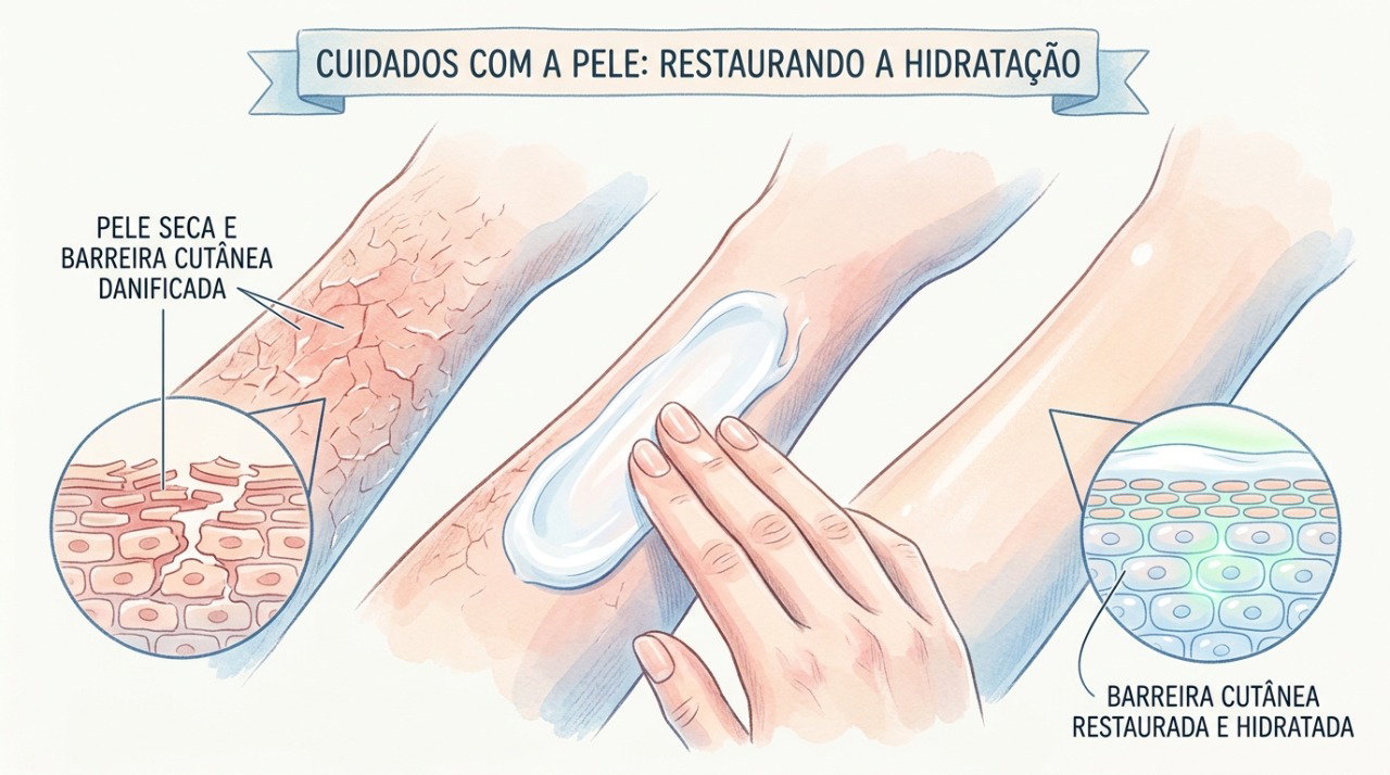 O hidratante ajuda a reter água e proteger a barreira da pele ressecada.