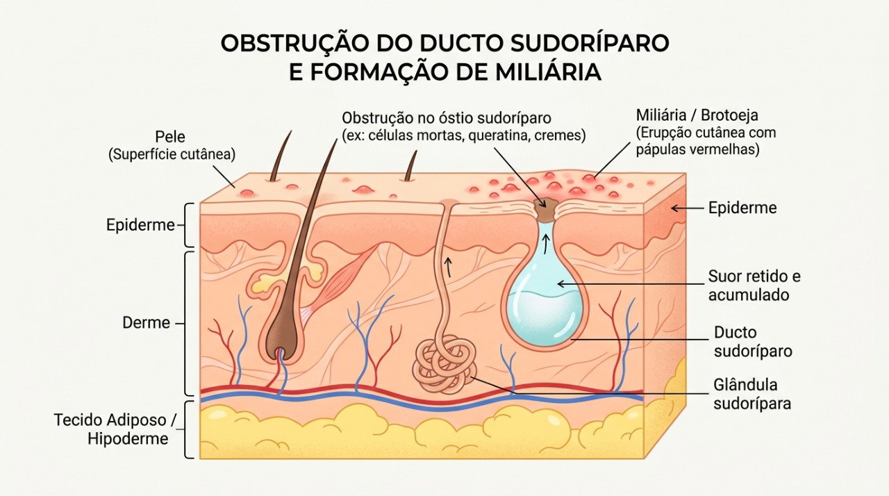 A brotoeja surge quando o suor fica retido por bloqueio dos ductos sudoríparos.