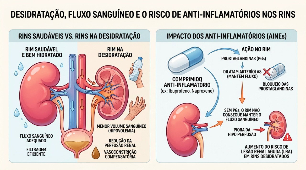 Desidratação e anti-inflamatórios podem aumentar a vulnerabilidade dos rins.