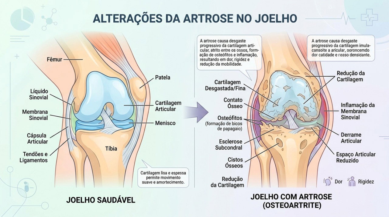 A artrose pode provocar alterações na articulação que favorecem dor e rigidez no joelho.