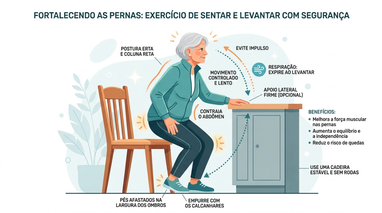 Sentar e levantar da cadeira é uma forma simples de trabalhar força e movimentos do dia a dia.