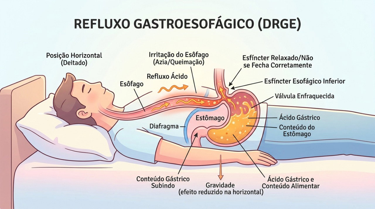 Deitar pouco tempo após comer pode facilitar o refluxo do conteúdo do estômago.