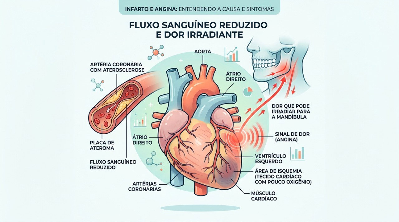 A isquemia cardíaca pode causar dor que se manifesta ou se irradia para a mandíbula.