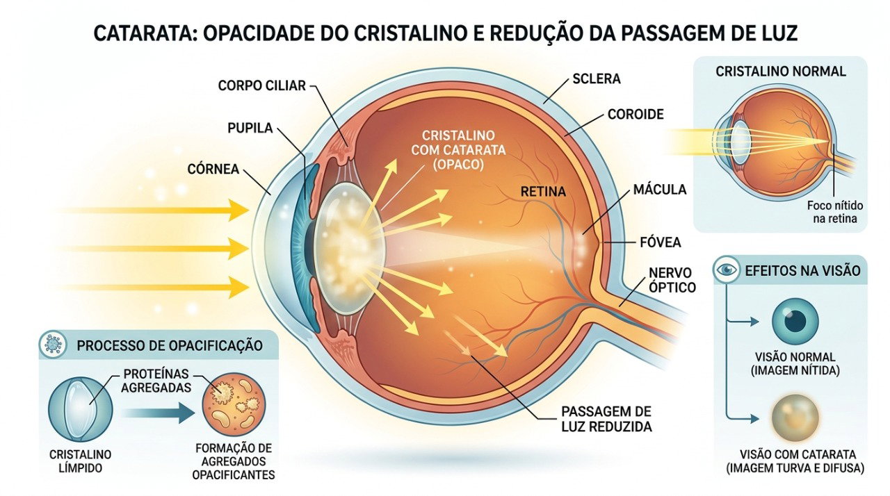 Na catarata, a perda de transparência do cristalino prejudica a passagem adequada da luz.