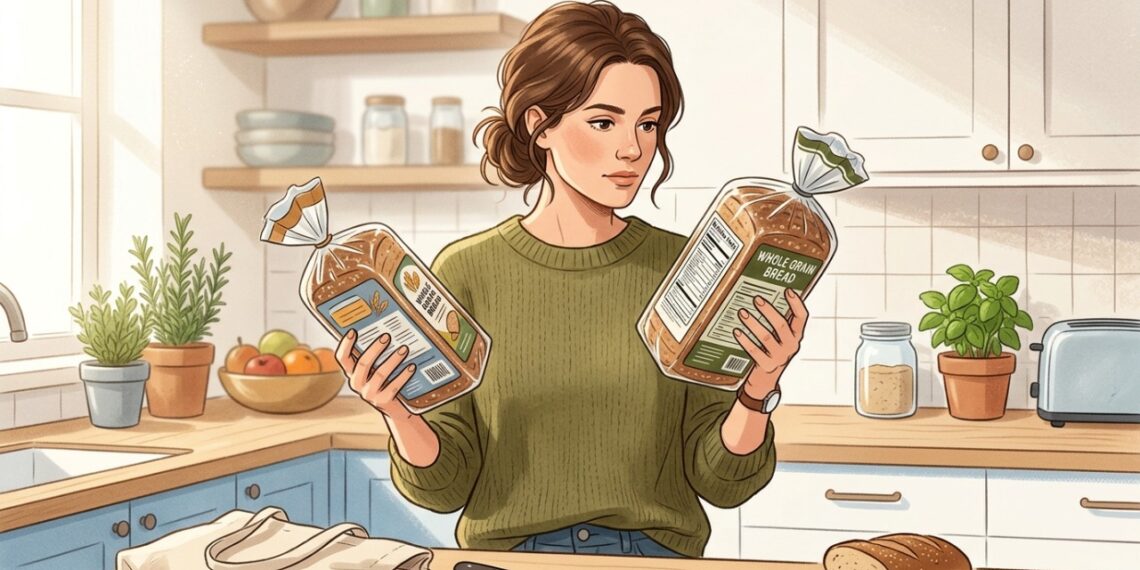 Ler o rótulo ajuda a comparar quanto de cereal integral existe em cada pão.