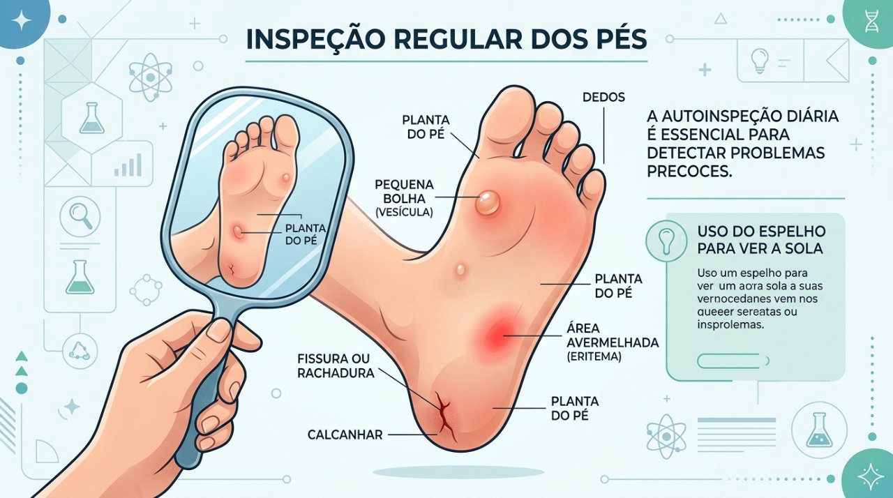 Bolhas, rachaduras e mudanças na pele devem ser observadas durante a inspeção diária dos pés.