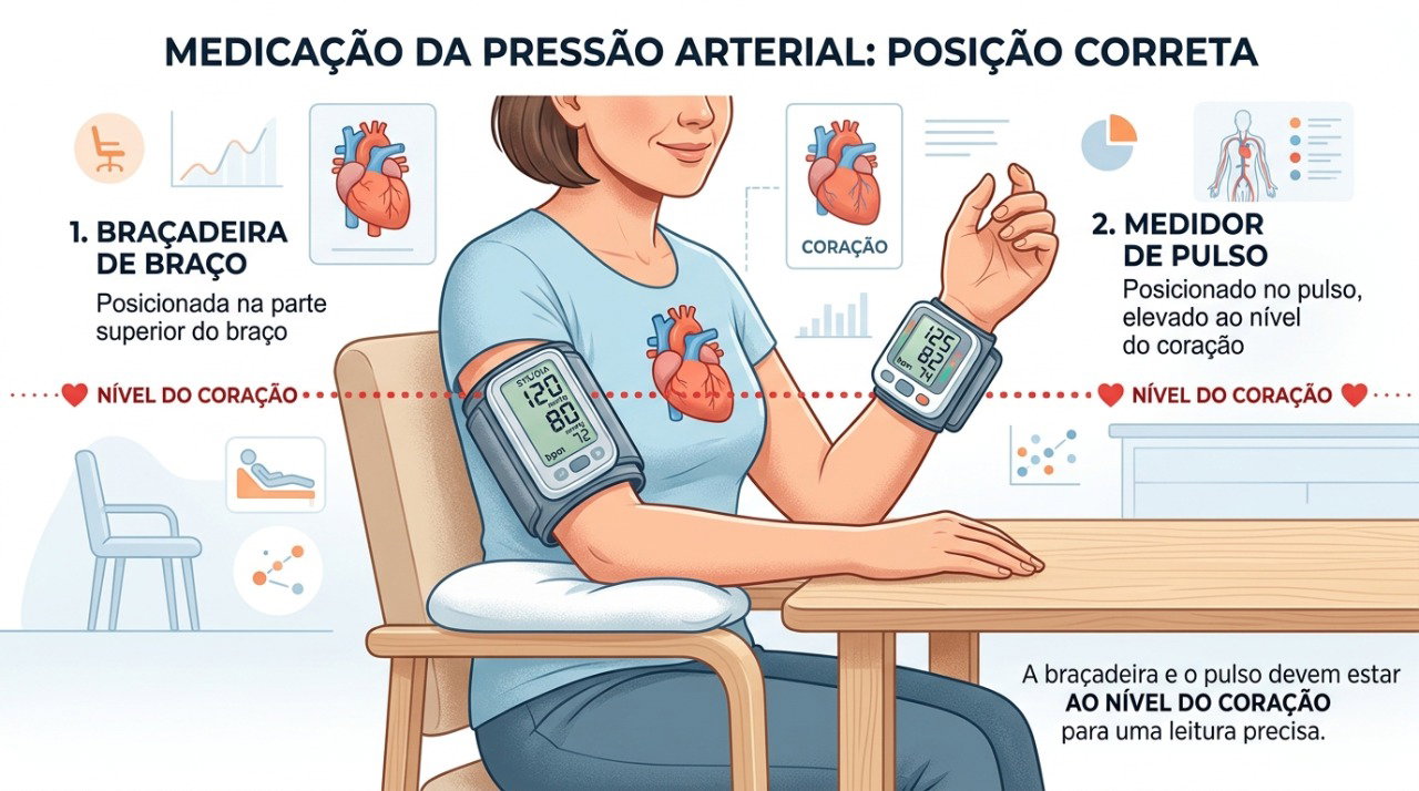 A posição correta do braço e o tipo de aparelho influenciam a precisão da medição da pressão.