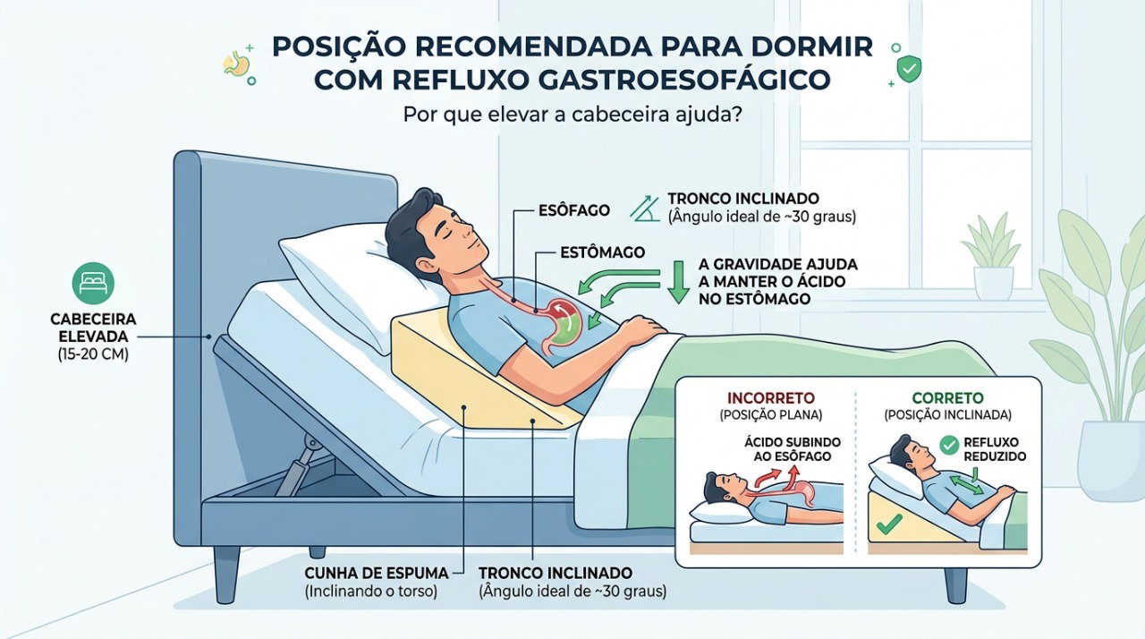 A inclinação da parte superior do corpo pode ajudar a diminuir o refluxo durante a noite.