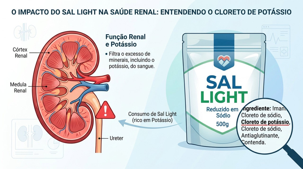 Alguns tipos de sal light contêm cloreto de potássio, que pode exigir cuidado na doença renal.