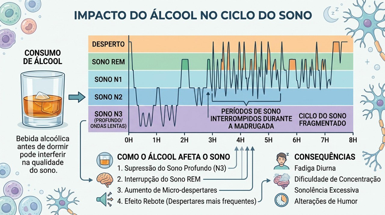 O álcool pode deixar o sono mais leve e fragmentado, principalmente ao longo da madrugada.