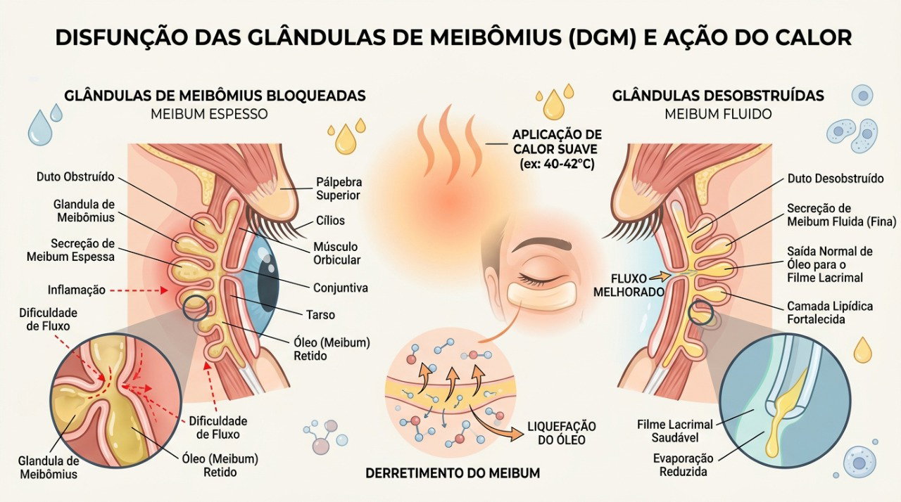O calor pode ajudar a desobstruir as glândulas das pálpebras relacionadas ao olho seco evaporativo.