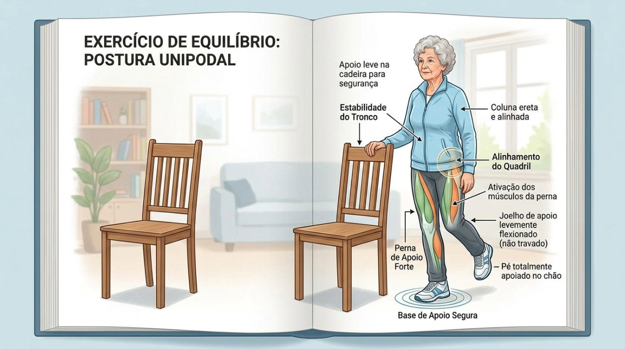 Exercícios de equilíbrio e fortalecimento ajudam a aumentar a estabilidade durante as atividades do dia a dia.