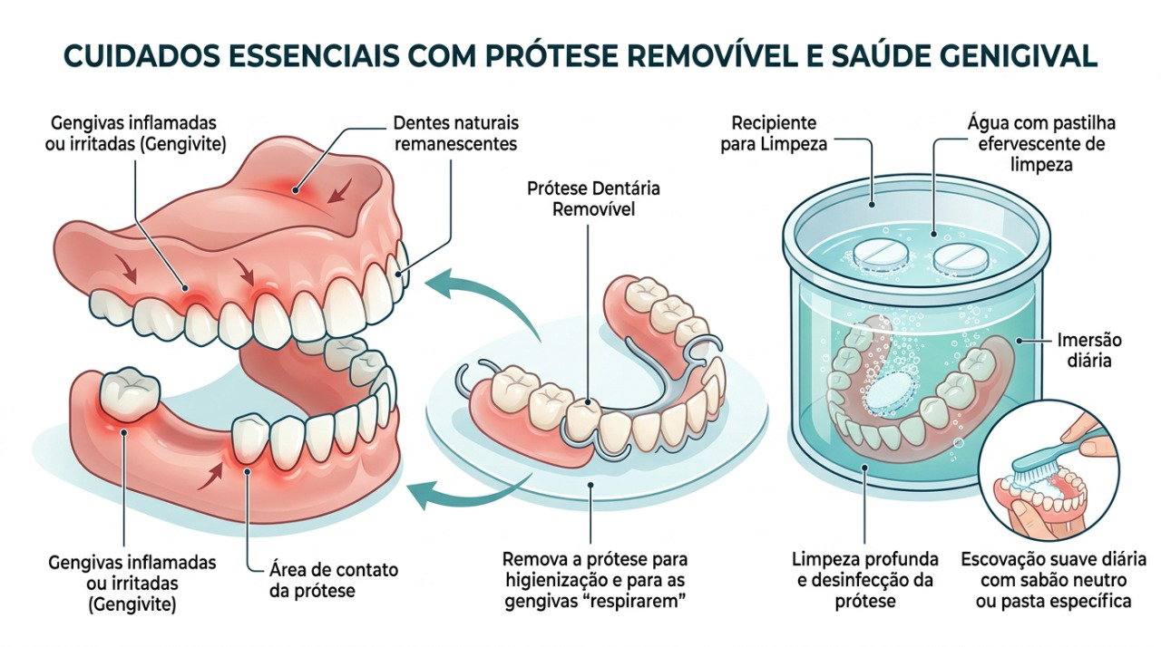 O uso contínuo da dentadura pode favorecer irritação e inflamação dos tecidos da boca.
