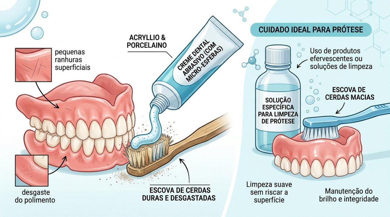 Produtos abrasivos podem deixar a superfície da dentadura mais áspera e desgastada.