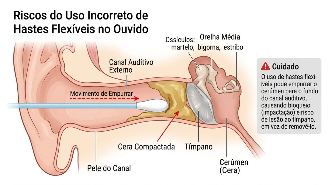 Introduzir cotonetes no canal auditivo pode favorecer a compactação da cera.
AAO-HNS
+1