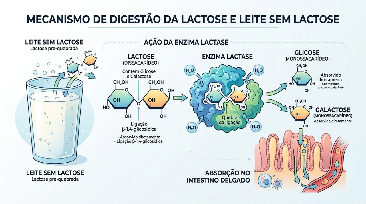 No leite sem lactose, a lactase quebra a lactose em açúcares menores, sem necessariamente reduzir o valor nutricional.